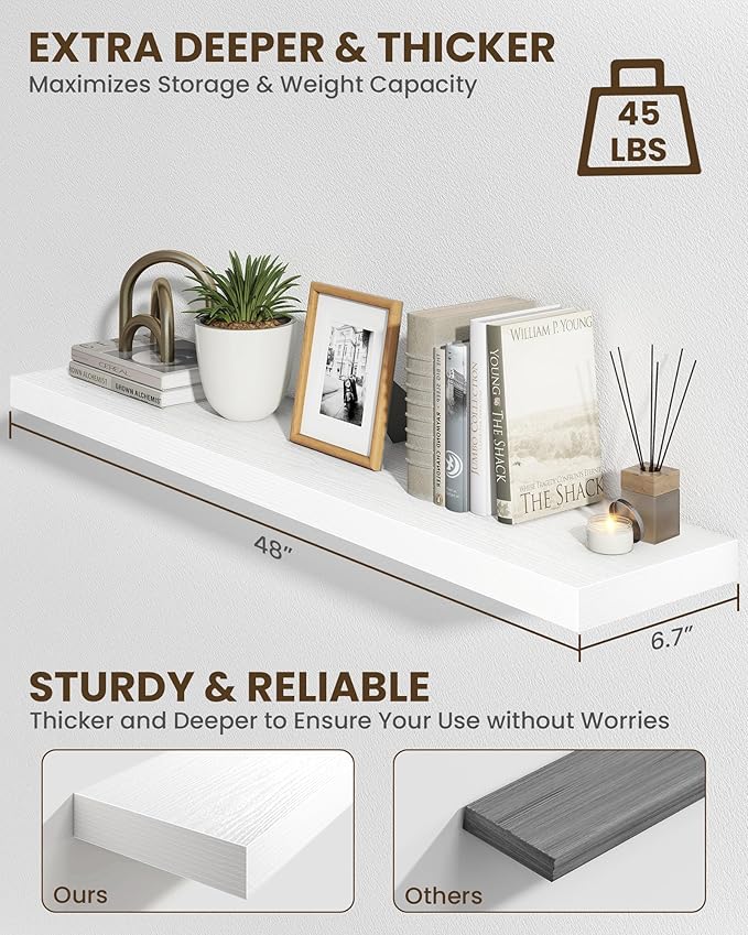 Marsmiles 48" Floating Shelves for Wall, Wooden Shelves with Invisible Brackets Set of 2, Rustic Farmhouse Wall Mounted Shelf for Kitchen Bathroom Living Room Study, White-Ruum Studio Home
