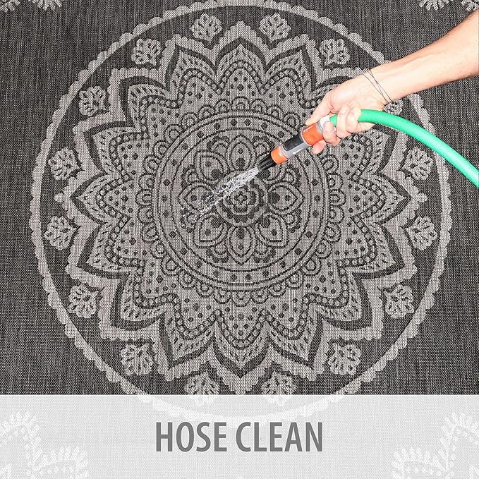 CAMILSON Outdoor Rug 5x7 Modern Area Rugs for Indoor and Outdoor Patios and Porches - Waterproof Washable Non-Shedding Easy-to-Clean Outside Carpet (5 x 7, Medallion - Dark Grey/Light Grey)-Ruum Studio Home