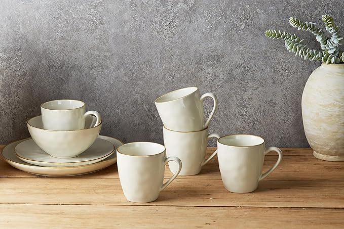 famiware Coffee Mugs Set of 4, Ocean Round 11.5oz Coffee Cup Set with Handle for Cocoa, Milk, Hot Chocolate, Tea or Water, Stoneware Cups for Kitchen, Microwave Dishwasher Safe, Vanilla White-Ruum Studio Home