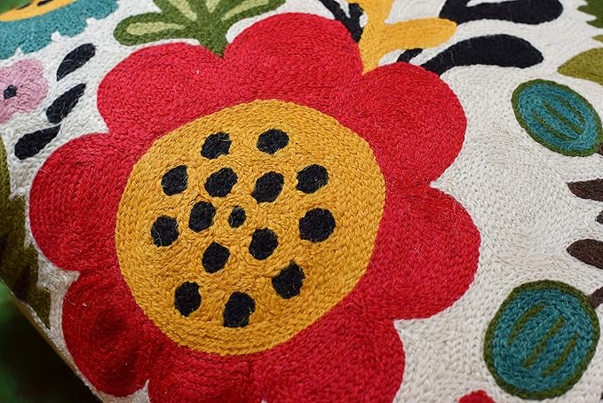 Red Polish Floral Pillow Cover Bird Flower Pillowcase Floral Outdoor Suzani Cushions Flowery Throw Chair Cushion Farmhouse Pillowsham Hand Embroidered Wool 18x18 Inch-Ruum Studio Home