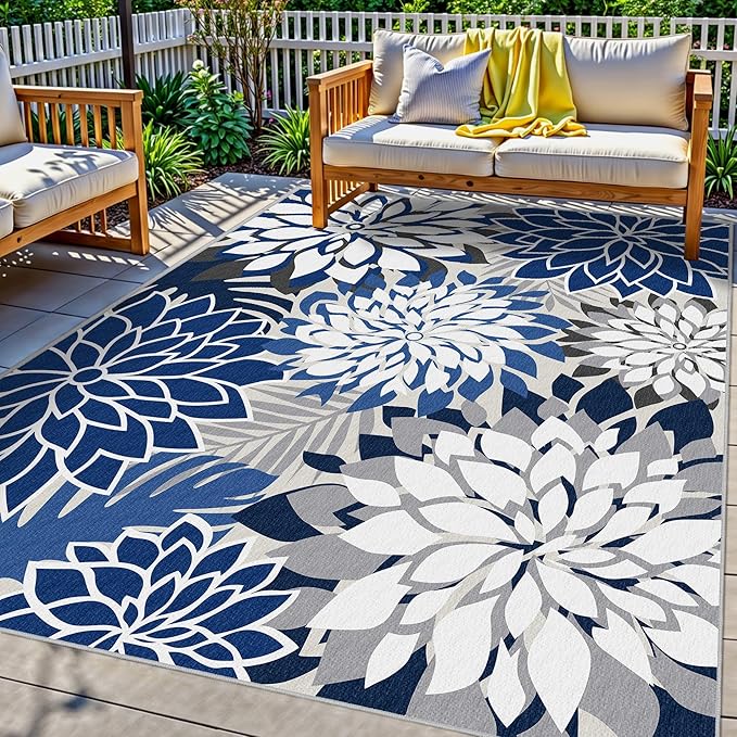 Indoor Outdoor Area Rug Washable Multicolored Patio Rug Tropical Botanical Modern Floral Indoor Outdoor Carpet Blue White Rug Non Slip for Patio, Deck, Backyard, Porch (5x8)-Ruum Studio Home