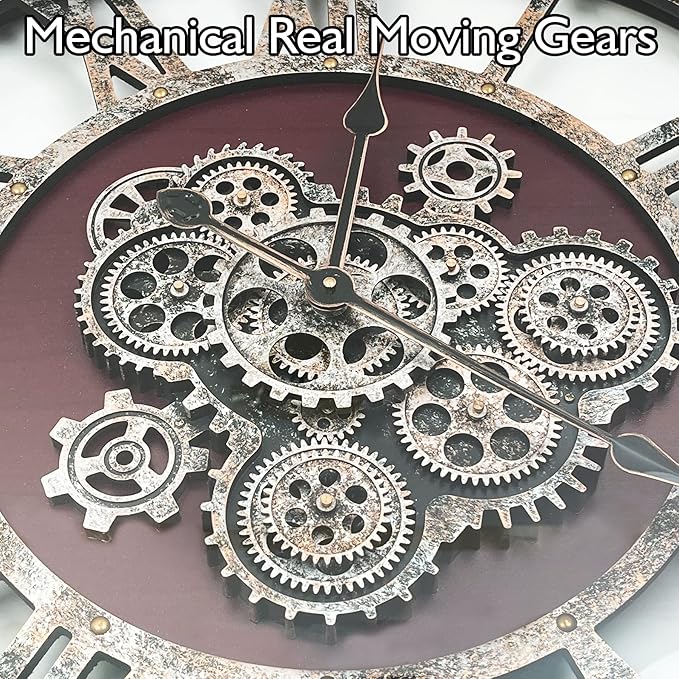 DORBOKER 30" Original Moving Gears Wall Clock, Large Industrial Wall Clock for Living Room Decor, Retro Wood Vintage Farmhouse Steampunk Rustic Clocks for Wall Decor,Cherry Red-Ruum Studio Home