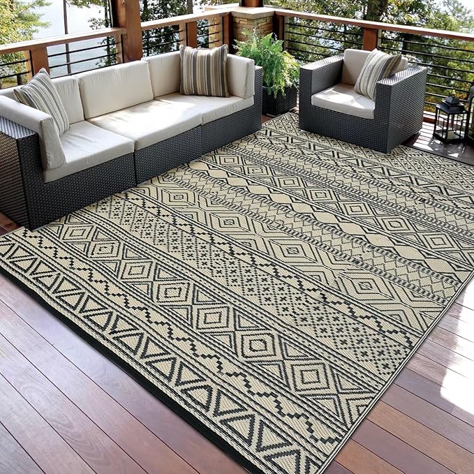 GAOMON Outdoor Rug for Patio Clearance 5x8 Reversible Plastic Straw Patio Rug for Camping Stain & UV Resistant RV Mats for Porch, Deck, Backyard, Camper, Balcony, Picnic, Black&Brown-Ruum Studio Home