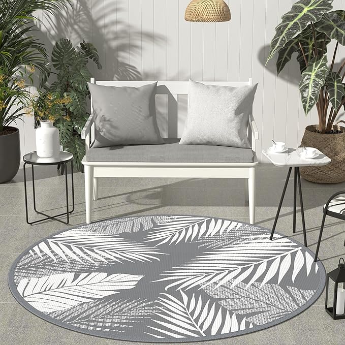 GENIMO Outdoor Rug 8' Round Waterproof for Patios Clearance, Reversible Outdoor Plastic Straw Camping Rug Carpet, Large Area Rugs Mats for RV, Camper, Deck, Balcony, Porch, Beach, Picnic, Grey&White-Ruum Studio Home