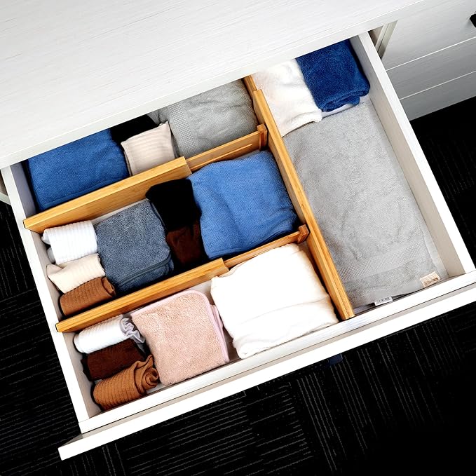 Utoplike Bamboo Dresser Drawer Dividers, 4'' High Adjustable Drawer Organizers for Clothing, Spring Loaded, Works in Kitchen, Bathroom, Bedroom, Drawer, Desk, 4 pcs-Ruum Studio Home