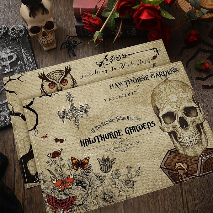 Umigy 6 Pcs Halloween Placemats 12"x18" Gothic Bat Placemats Kitchen Decoration Washable Witch Place Mats Rectangle Skull Table Mats for Halloween Dining Table Accessories(Poster Style)-Ruum Studio Home