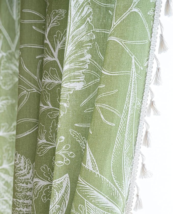 Sutuo Home Boho Curtain 84 Inches Length for Bedroom, Printed Cotton Linen Rod Pocket Rustic Farmhouse Bohemian Tassels Window Treatment, 1 Panel 59" W x 84" L, Green Tropical Leaves-Ruum Studio Home