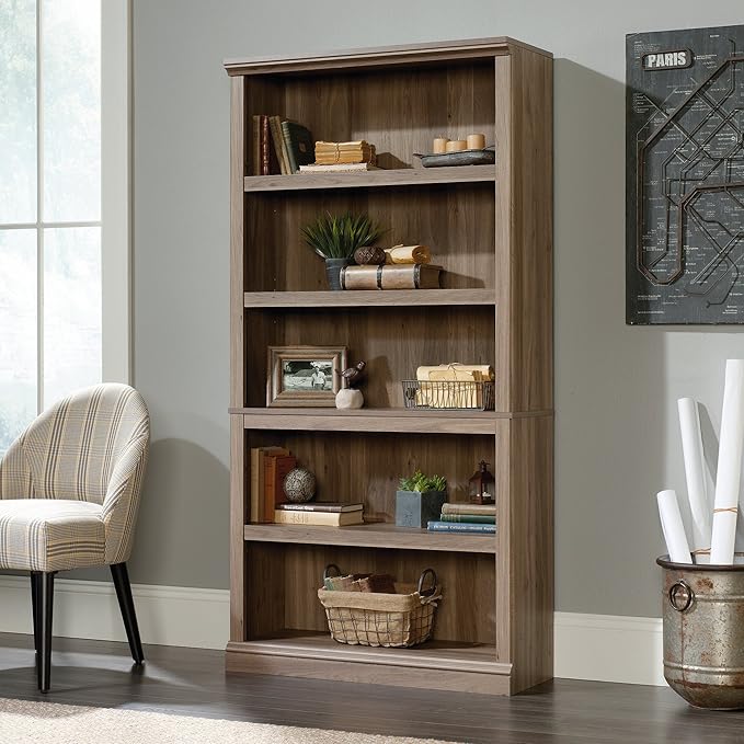 Sauder 5 Tier Book Shelf Wooden Bookcase Multipurpose Bookshelf for Home Office, Living Room, in Salt Oak finish-Ruum Studio Home