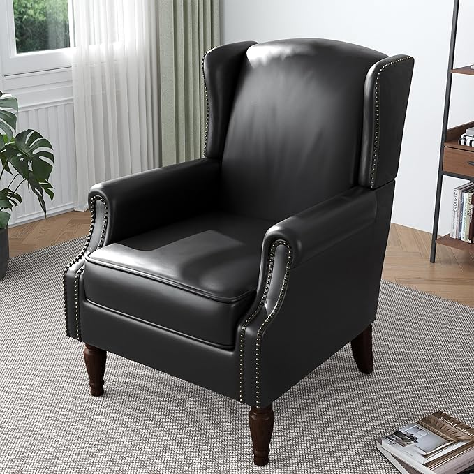 Accent Chair, Faux Leather High Back Armchair or Living Room, Comfy Upholstered Single Sofa Reading Chair with Solid Wood Legs for Office, Bedroom, Waiting Room-Black-Ruum Studio Home
