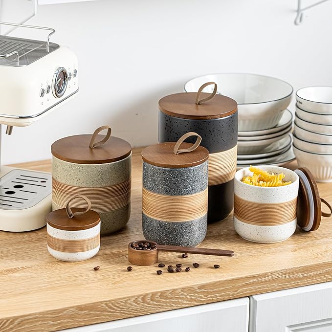 Large Storage Containers with Lids, Ceramic Coffee Container Kitchen Food Storage Cookie Jars with Airtight Lid for Spice Sugar Tea Bag, Stackable Decorative Jars for Counter, Grey & 61oz-Ruum Studio Home