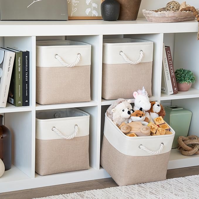 OrganiHaus 11x11 Cube Storage Bins 4 Pack, Foldable Cube Storage Organizer w/ Rope Handles, Collapsible Fabric Bins for Toys, Clothes & Closet Organization, Fabric Square Baskets - Beige/White-Ruum Studio Home