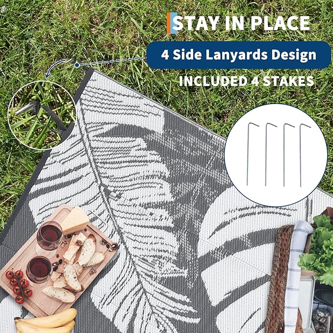 GAOMON Waterproof Outdoor Rug 8x10 Reversible Outdoor Plastic Straw Rug Modern Patio Carpet, Foldable Lightweight RV Camping Mat with Portable Bag & 4 Stakes, UV Resistant & Sturdy for Picnic, Grey-Ruum Studio Home
