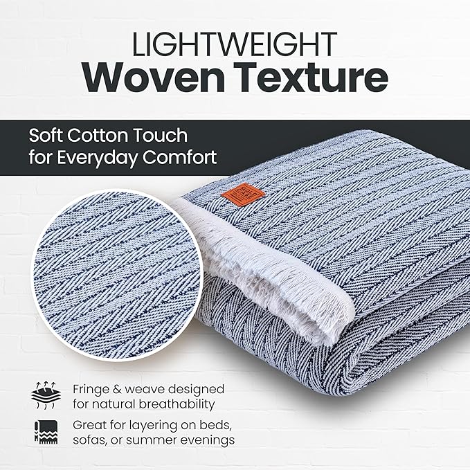 Gold Case Throw Blanket for Bed – 100% Recycled Turkish Cotton Bed Blanket – Decorative Throw Cotton Blankets for Living Room & Bedroom – Vintage Navy Blue Woven Queen Blankets – 90x90-Ruum Studio Home