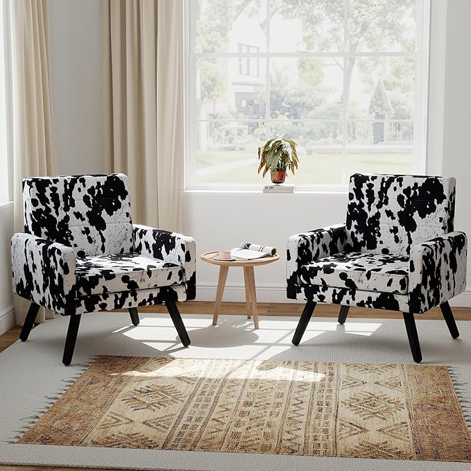 Kromax Mid-Century Modern Accent Chair Set of 2 for Living Room, 496 Lb. Weight Capacity, Dual Armrests, Comfy Extra Large Seat, Timeless Style Perfect for Reading & Relaxing, Cow Pattern-Ruum Studio Home