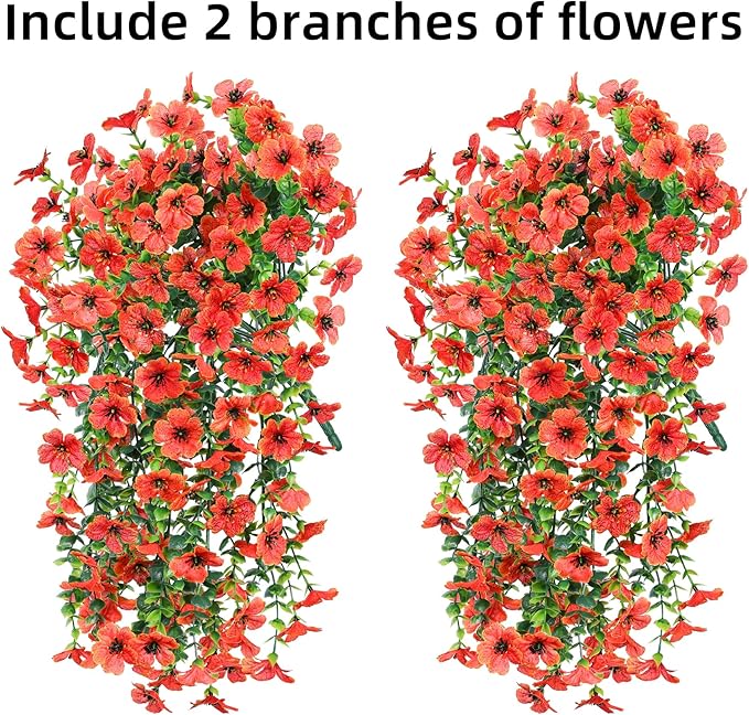 INSPRING Fall Fake Mums Artificial Flowers Hanging Decoration for Outdoors, 2Pcs Orange Daisy with Autumn Eucalyptus Leaves, Realistic Plants Decor, Silk Flower for Porch Patio Balcony Planter Yard-Ruum Studio Home