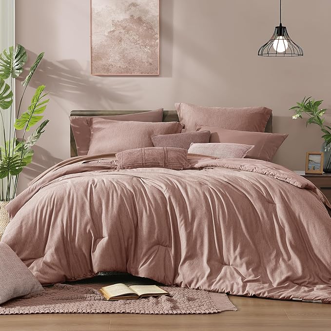 Monbix Queen Comforter Set - 7 Pieces Dusty Pink Cationic Dyeing Bed in a Bag Queen Bedding Sets with Sheets, Pillowcases & Shams, Reversible Bedding Comforters-Ruum Studio Home
