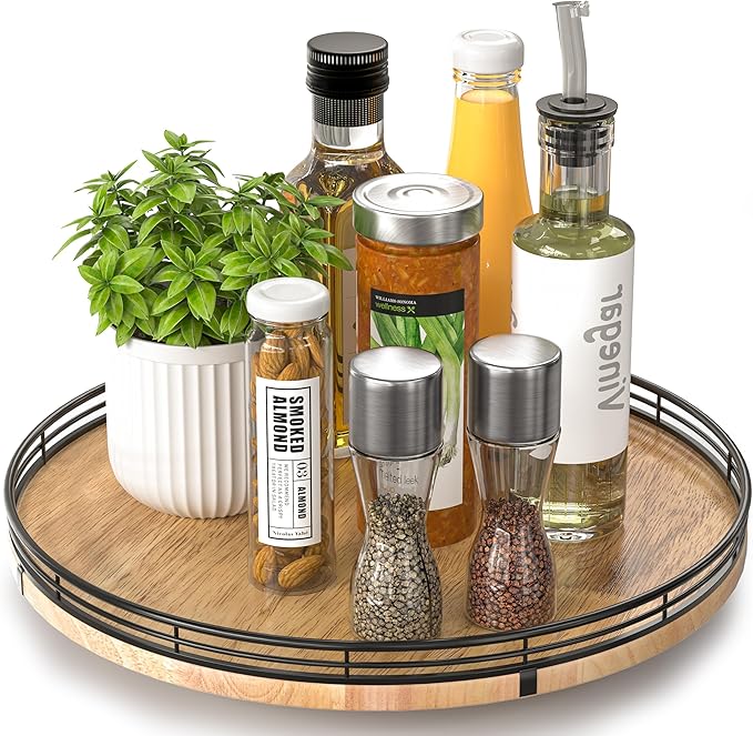 13" Lazy Susan Oak Wood Turntable Organizer for Cabinet, Farmhouse Round Wooden Lazy Susan Organization and Storage for Dining Table, Pantry, Kitchen, Bathroom, Countertop, Cupboard, Home Decor-Ruum Studio Home