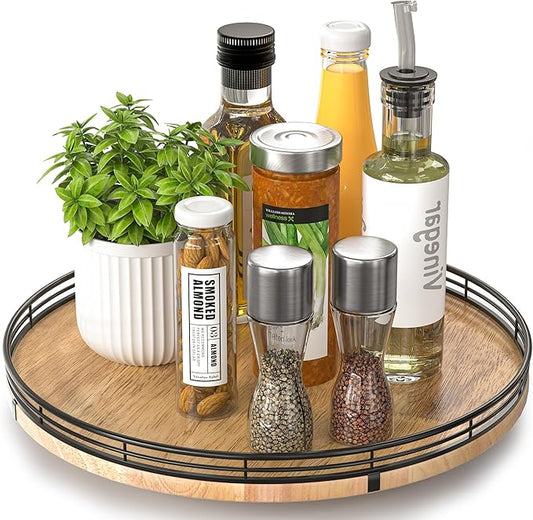 13" Lazy Susan Oak Wood Turntable Organizer for Cabinet, Farmhouse Round Wooden Lazy Susan Organization and Storage for Dining Table, Pantry, Kitchen, Bathroom, Countertop, Cupboard, Home Decor-Ruum Studio Home