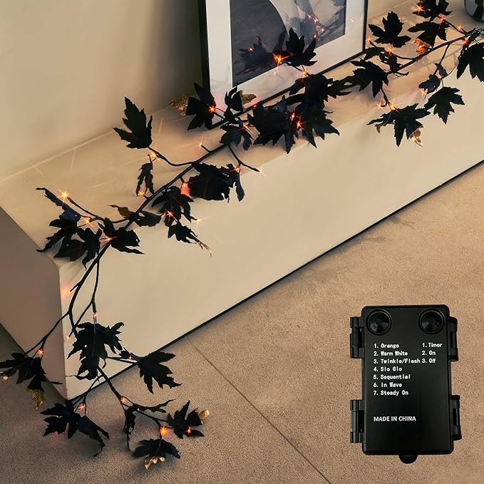 Birchlitland Halloween Black Maple Garland with Lights Timer 48 LED Orange and Warm White Fairy Lights, Battery Operated for Indoor and Outdoor Halloween Party Decoration-Ruum Studio Home