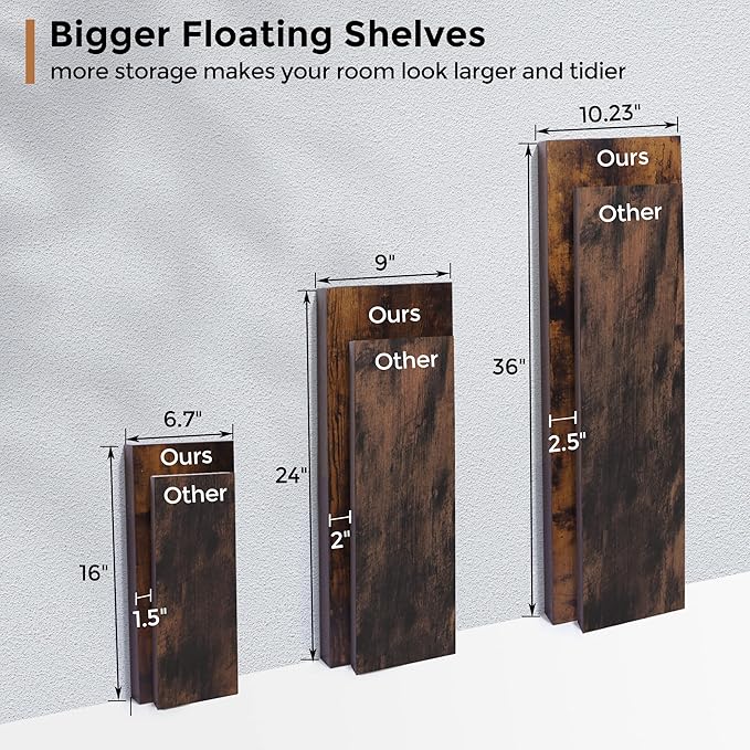 Floating Shelves - 2 Pack 9 Inch Rustic Wooden Wall Shelves - Extra Deeper & Thicker Wall Mounted Storage Shelf for Living Room, Kitchen, Farmhouse - 24" W x 9" D x 1.6" H - Rustic Brown-Ruum Studio Home