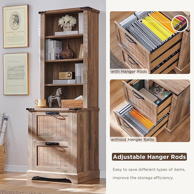 RedLemon Bookcase with 2 File Drawers, 72" Tall Farmhouse Bookshelf with Storage and Adjustable Shelves, 4 Tier Rustic Wood Bookshelf with Cabinet for Home Office, Living Room (Rustic Natural Oak)-Ruum Studio Home