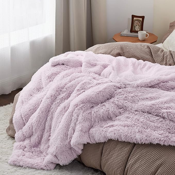 Bedsure GentleSoft Fluffy Lavender Purple Blankets Queen Size for Bed, Thick Sherpa Faux Fur Fleece Fuzzy Plush Winter Warm Soft Queen Blankets, Bedroom Purple Decor Cozy Gifts for Women Men, 90x90-Ruum Studio Home