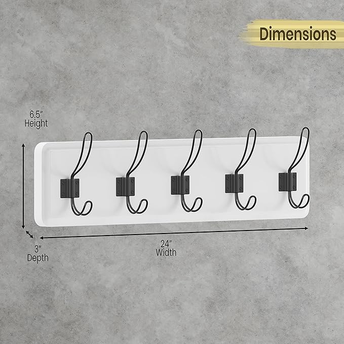 HBCY Creations White Solid Wood Wall Mounted Coat Rack with Shelf, 5 Hooks, 24" Long - Kitchen, Mudroom, Entryway, Bathroom - Includes Mounting Hardware, Coat Hanger, Dog Leash Hooks, Towel Rack-Ruum Studio Home