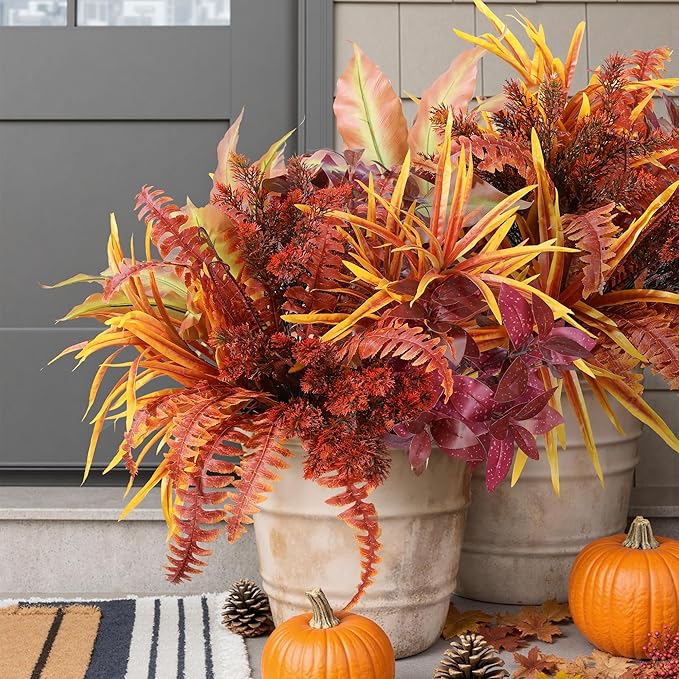Artificial Fall Plant Large Bunches Greenery Plants Fake Plastic Leaves with Stems UV Resistant Outside Faux Plants Bushes for Autumn Outdoor Patio Garden Front Porch Yard Decor (Fall Color)-Ruum Studio Home
