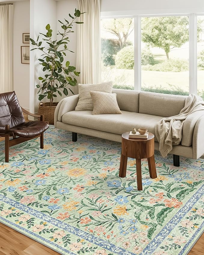 Wonnitar Machine Washable 5x7 Area Rug, Boho Floral Rugs for Living Room Non-Slip, Soft Pink and Green Flower Ultra-Thin Non Shedding Carpet for Bedroom Dining Room Nursery-Ruum Studio Home