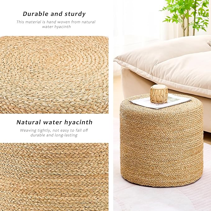Handwoven Ottoman Pouf, Natural Seagrass Footstool, Round Braided Outdoor Seat with Sturdy Frame, Boho Accent Stool for Patio, Balcony, or Garden (Seagrass)-Ruum Studio Home