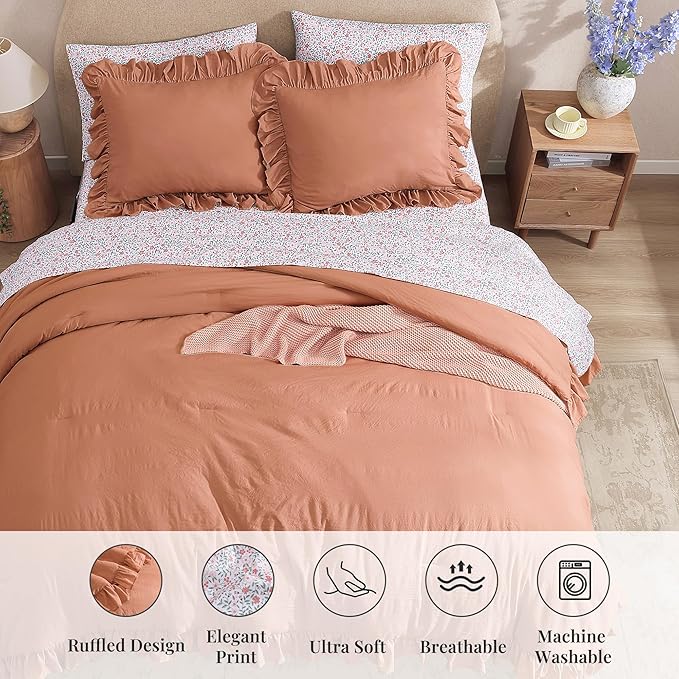 King Comforter Set - 7 Pieces Ruffle Autumn Leaf Bedding Sets, Shabby Chic Farmhouse Bed in a Bag King with Ruffle Comforter, Floral Sheets, Pillowcases & Shams-Ruum Studio Home