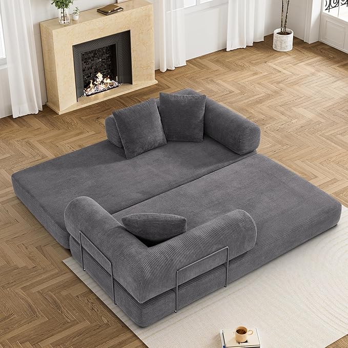 Convertible Sleeper Sofa Bed with Pillow, 4-in-1 Corduroy Folding Mattress Couch with Fixed-Shape Frame, Futon Fold Out Floor Sofa Cama Lounge Couch for Living Room Bedroom Studio, Grey-Ruum Studio Home