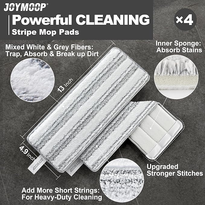 JOYMOOP Flat Mop Pads, Microfiber Mop Cleaning Pads, Washable Pads, Pads Replacement for Flat Mop or Mop Bucket Set, Pack of 4 Refills 13inch - Stripe-Ruum Studio Home