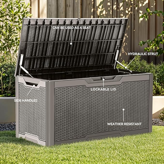 YITAHOME 100 Gallon Outdoor Storage Box, Large Water Resistant Resin Deck Box, Indoor Outdoor Lockable Storage Container for Patio, Garden, Cushions, Tools, Equipment (Taupe)-Ruum Studio Home
