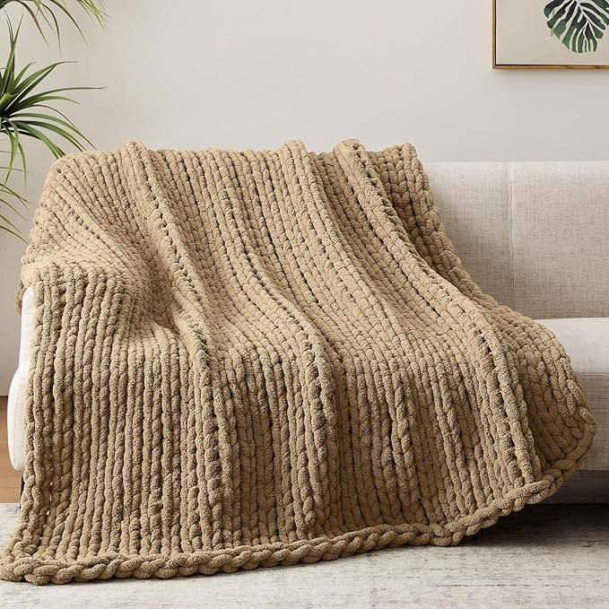 Chunky Knit Throw Blanket, 30''*40'' Knitted Throw Chenille Yarn for Bed Couch, Handmade Light Brown Crochet Big Thick Blanket, Machine Washable Cute Comfy Blanket for Home Decor-Ruum Studio Home