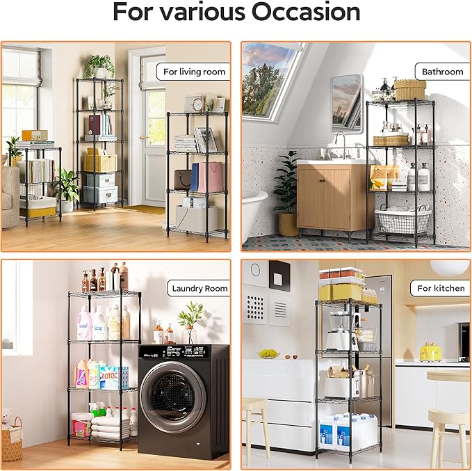 4 Tiers Shelf Metal Storage Shelves Wire Rack Closet Organizers with Wheel for Garage Kitchen Bathroom Laundry Black 11.8" D x 17.7" W x 41.9" H-Ruum Studio Home
