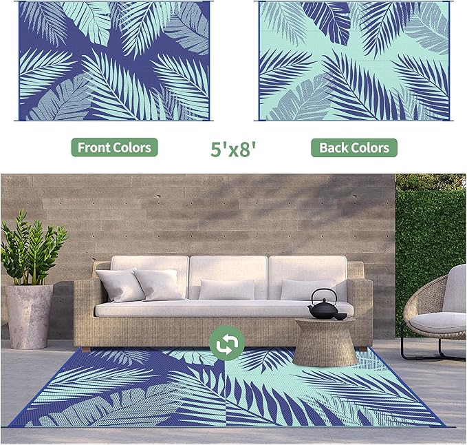 GENIMO Outdoor Rug 5' x 8' Waterproof for Patios Clearance, Reversible Outdoor Plastic Straw Camping Rug Carpet, Large Area Rugs Mats for RV, Camper, Deck, Balcony, Porch, Beach, Royal Blue&Blue Green-Ruum Studio Home