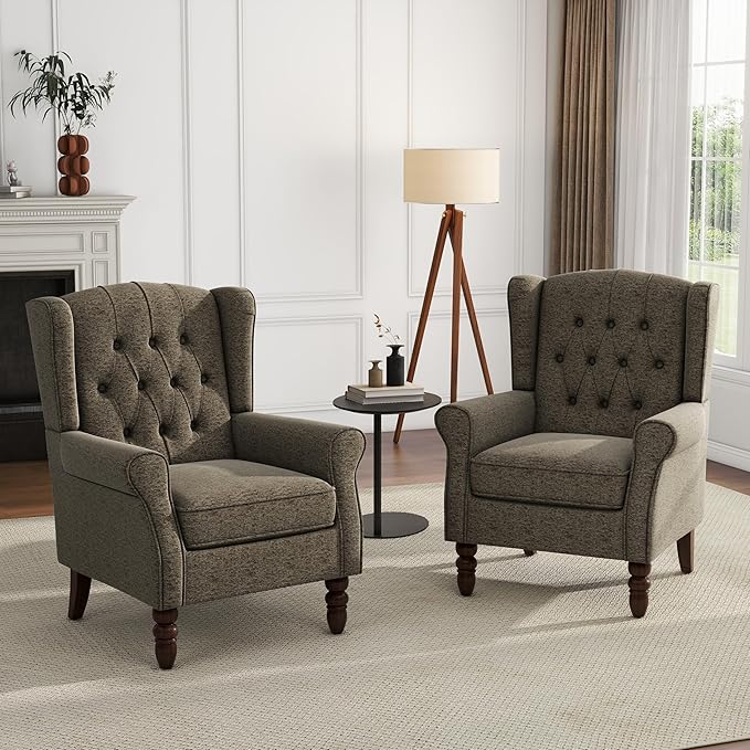 UIXE High Back Accent Chairs Set of 2, Upholstered Armchair in Fabric, Retro Wingback Arm Chair for Living Room, Comfy Single Sofa Bedroom Reading Seat with Solid Wood Legs - Taupe-Ruum Studio Home