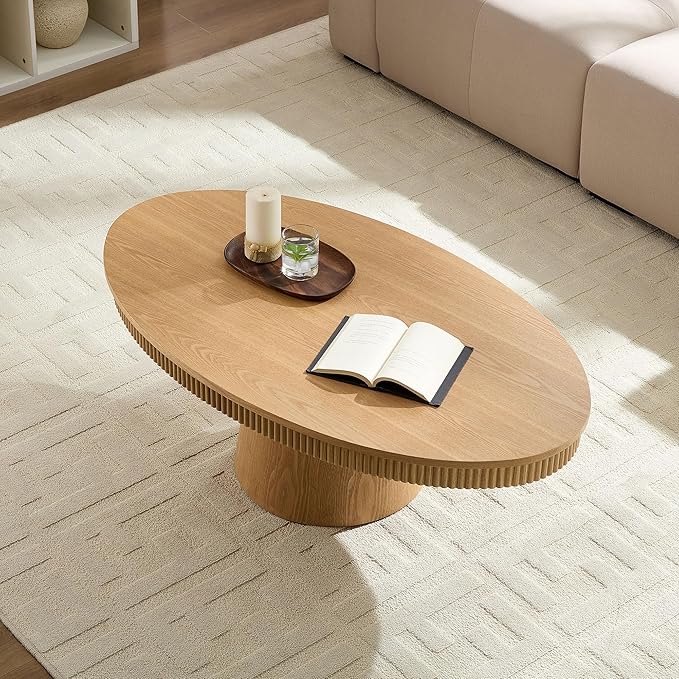 Modern Oval Coffee Table with Wood Pedestal,47.24" Farmhouse Center Table for Living Room, Ellipse Coffee Tables Tea Table for Bedroom, Apartment-Natural-Ruum Studio Home
