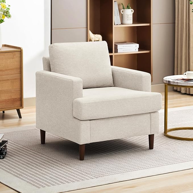 Mid-Century Accent Chair,Modern Linen Fabric Armchair for Living Room,Comfy Upholstered Reading Accent Chairs for Bedroom,Single Sofa Chair with Wood Legs (Beige, 1 Pack)-Ruum Studio Home