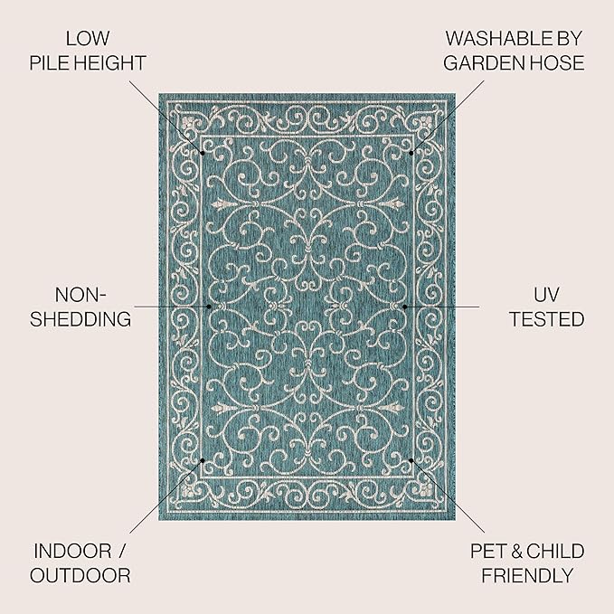 JONATHAN Y Vintage Filigree Indoor Outdoor Round Area Rug 9 Ft Teal/Gray, Charleston Textured Weave for Backyard, Patio, Porch, Easy-Cleaning, High Traffic, Pet-Friendly, Non-Shedding (SMB106F-9R)-Ruum Studio Home