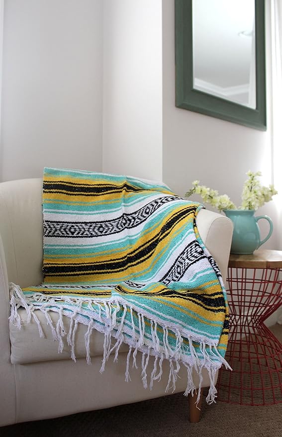 Del Mex Classic Mexican Blanket, Large Authentic Woven Falsa Throw (70"x50"), Artisan Southwest Décor for Beach, Yoga, Outdoors (Mint/Yellow)-Ruum Studio Home