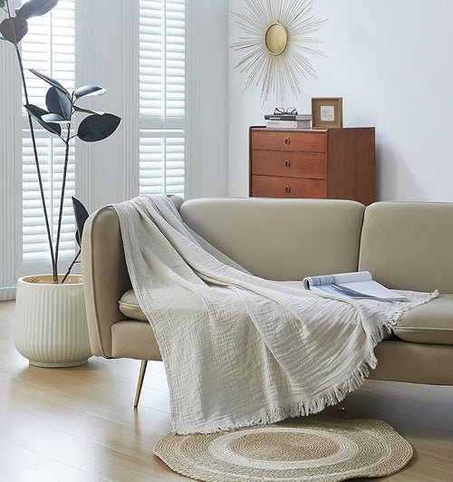 100% Cotton Muslin Throw Blanket for Bed, Couch, Small, Decorative, Soft, Pre-Washed, Breathable and Lightweight Gauze Blanket with Fringes, Suitable for All Seasons, Linen Grey, 50"x60"-Ruum Studio Home