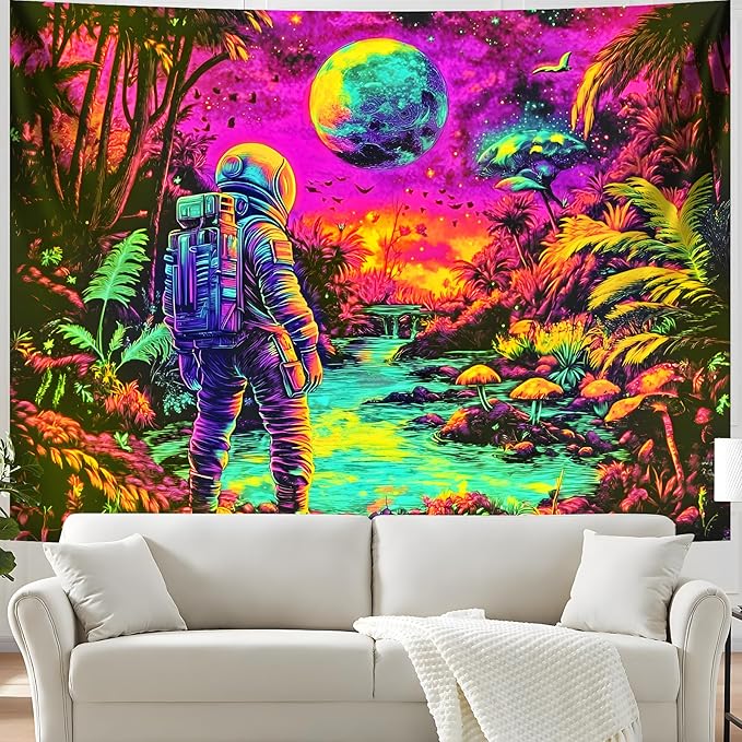 BVBOX Astronaut Space Blacklight Tapestry 79"x59", UV Reactive Astronaut Tropical Rainforest Universe Galaxy Planet Glow in Dark Tapestries, Black Light Neon Upright Poster Wall Hanging Backdrop Decor for Bedroom Living Room-Ruum Studio Home