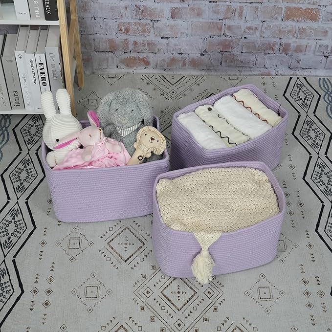Cotton Rope storage Basket Bins Woven Basket for Organizing Shelves Rectangle Decorative Baskets For storage Clothes Toys Books Towels Square Wicker Nursery basket organizer 3 pack purple lavender-Ruum Studio Home