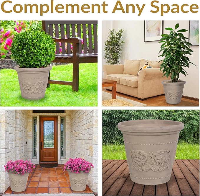 Sunnydaze 19.5-Inch Arabella Large Plant Pot - Polyresin Round Outdoor Planter with Drillable Drainage Holes - 2 Pack - Beige-Ruum Studio Home