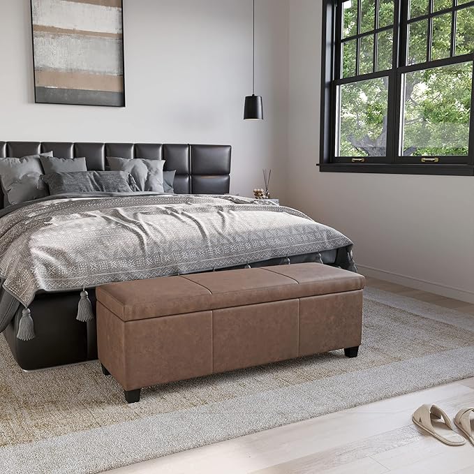 BELLEZE 47 Inch Storage Ottoman, Faux Leather Storage Bench Bedroom Bench with Safety Close Hinge, Ottoman with Storage for Living Room, Entryway, Hallway, Foot Rest, Support 300lbs - Rustic Brown-Ruum Studio Home