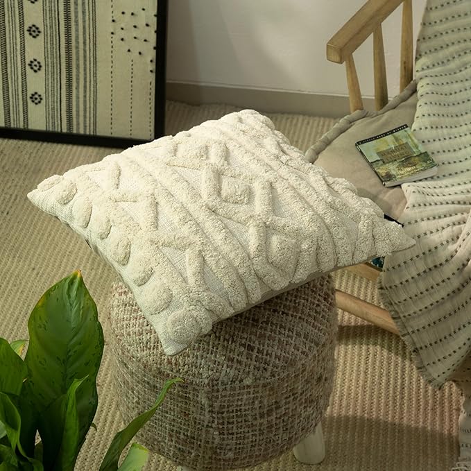 Tufted Boho Pillow Covers 18X18 Inch Throw Pillow Covers Decorative Cushion Cover Exquisitely Crafted with Hand-Finished Tuft Farmhouse Pillow Case for Couch Sofa Bed Living Room Bedroom-Ruum Studio Home