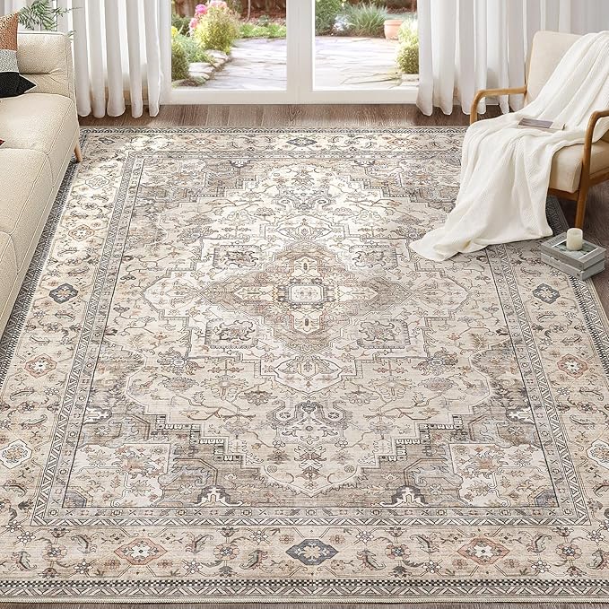 Washable Area Rugs for Living Room -10x12 Neutral Vintage Distressed Floral Farmhouse Boho Large Soft Floor Rug Indoor Non Slip Carpet for Living Room Bedroom Dining Room Office-Brown/Multi-Ruum Studio Home