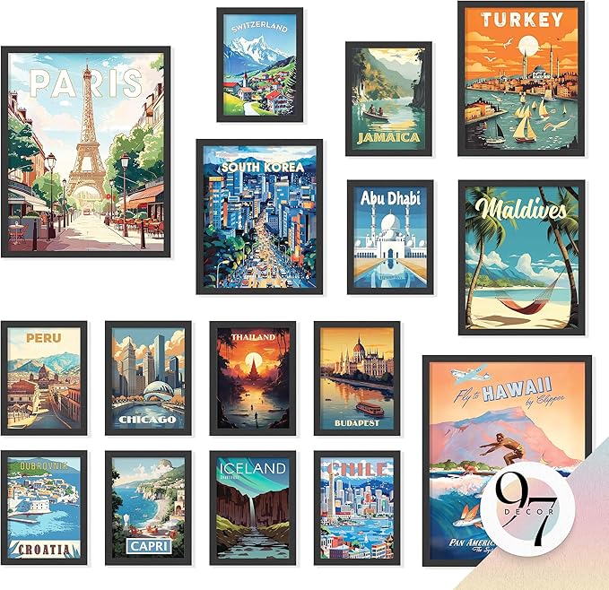 97 Decor LARGE 11x14 Vintage Travel Posters Wall Art - Retro Travel Decor For Home, Traveling Art Prints Around World Destination Pictures Famous City Artwork For Classroom (Unframed)-Ruum Studio Home